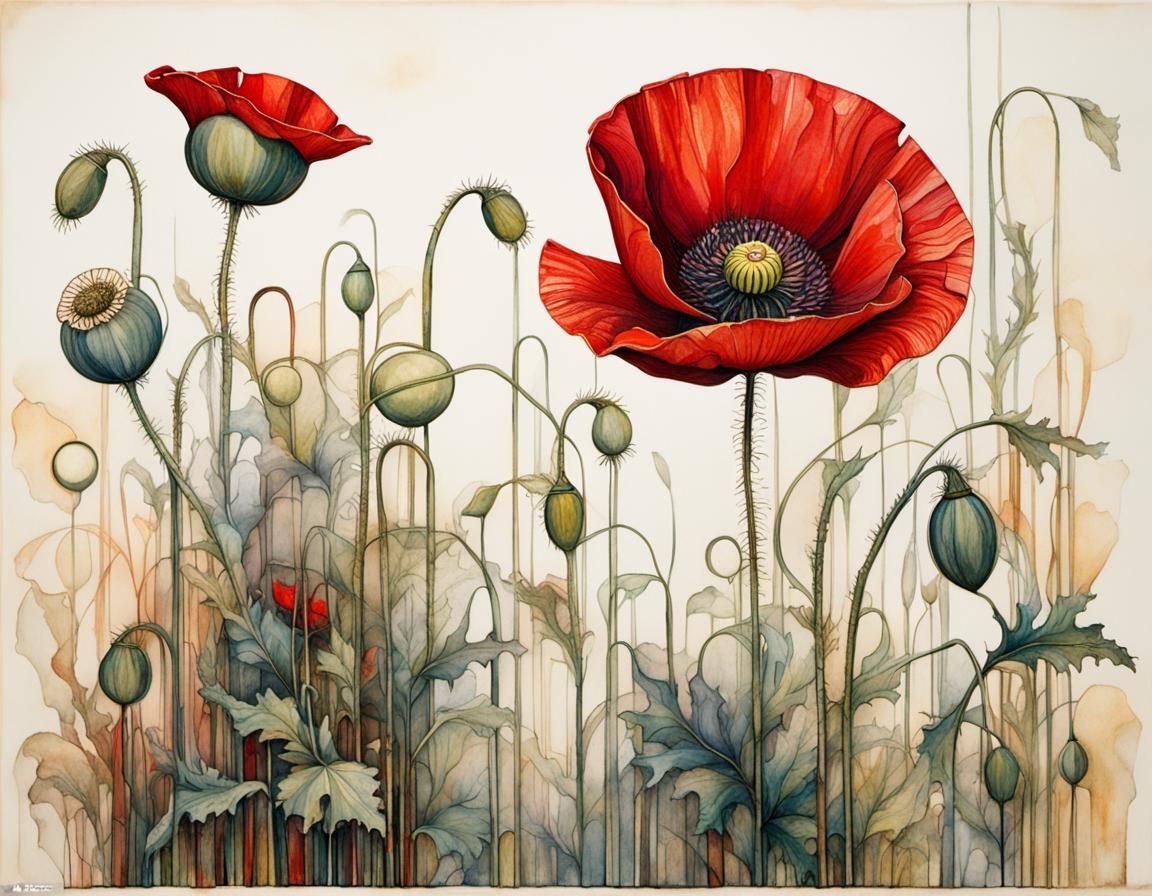 Red Poppy in Art Nouveau Style