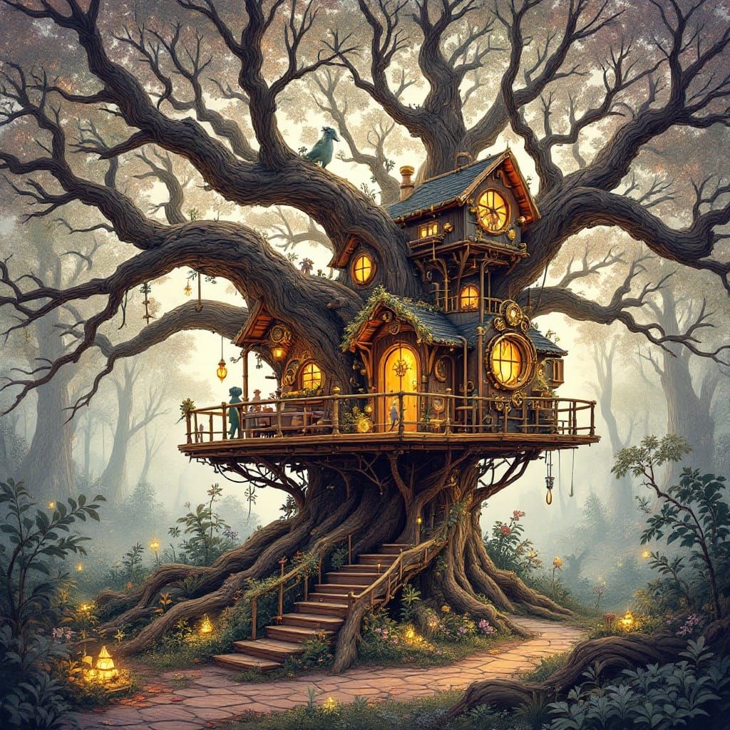 Steampunk Oak Treehouse in Whimsical Fantasy World