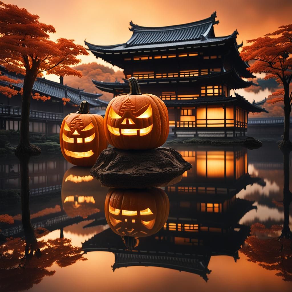 Japanese City Carved into Pumpkin, Hyper-Realistic Macro