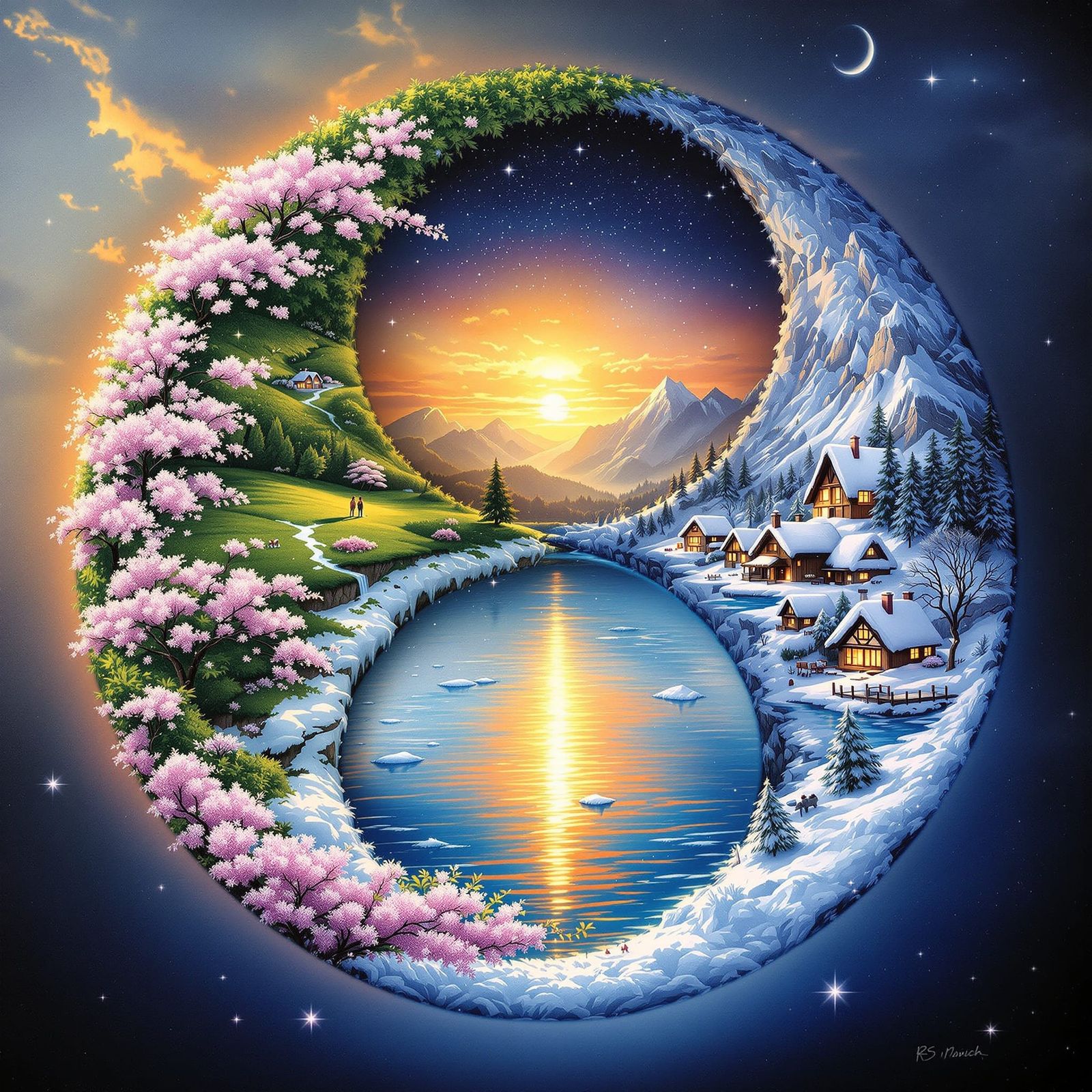 Yin Yang Landscape: Oil Painting of Spring and Winter