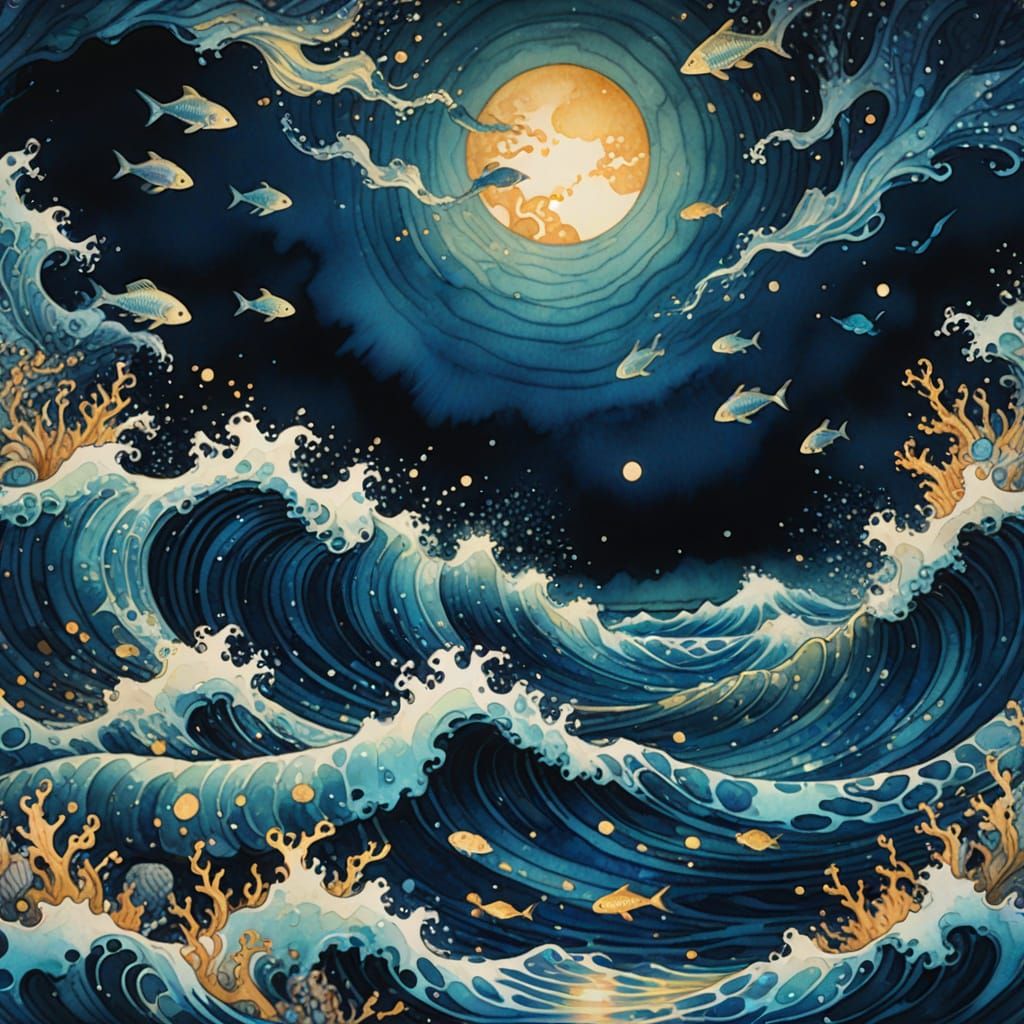Mystical Ocean Ink Painting with Bioluminescent Creatures