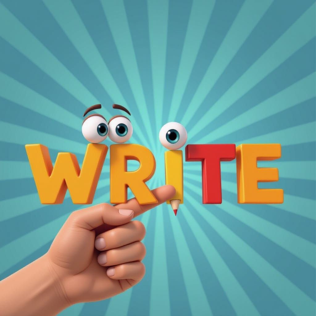 Cute Finger Points to "WRITE" Word in Pixar Style