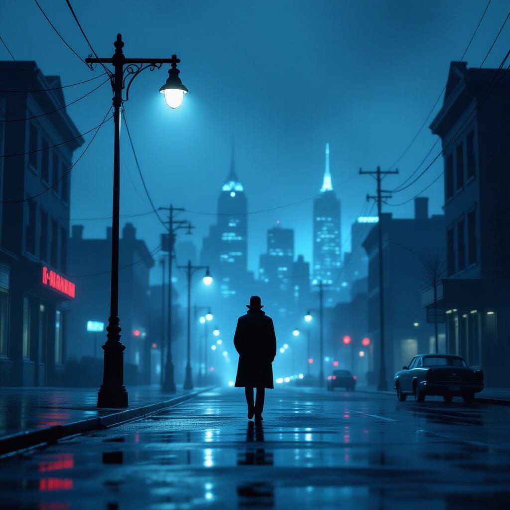 Lone Figure on Rainy Street Under Streetlamp