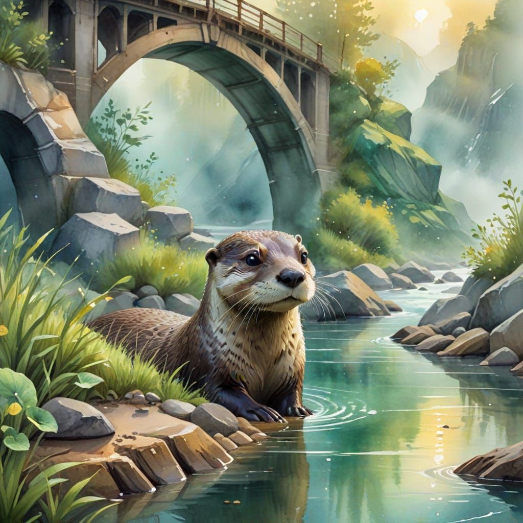 River Otter Under Misty Bridge: Watercolor Illustration