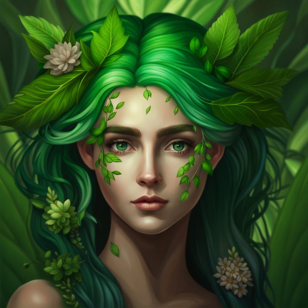 Elysia: Evergreen Goddess Portrait in Art Nouveau Style