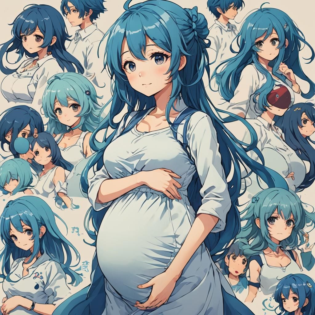 Anime-Style Pregnant Woman with Blue Hair