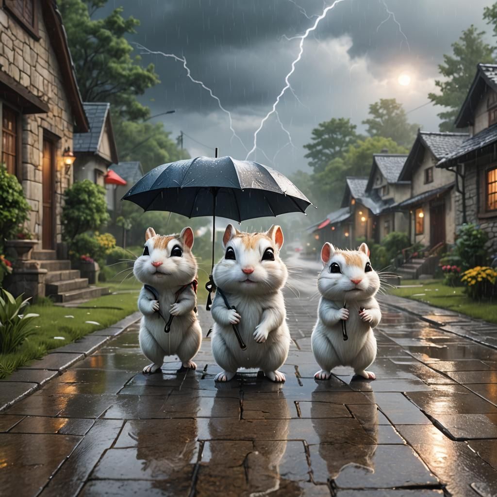 Chipmunks Walking in Rainy Village: 3D Hyperrealism