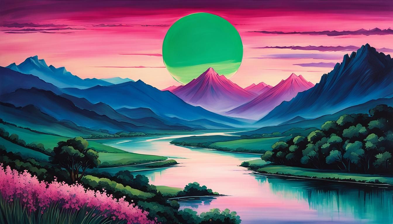 Blue-Green River at Sunset: Modern Ink Painting