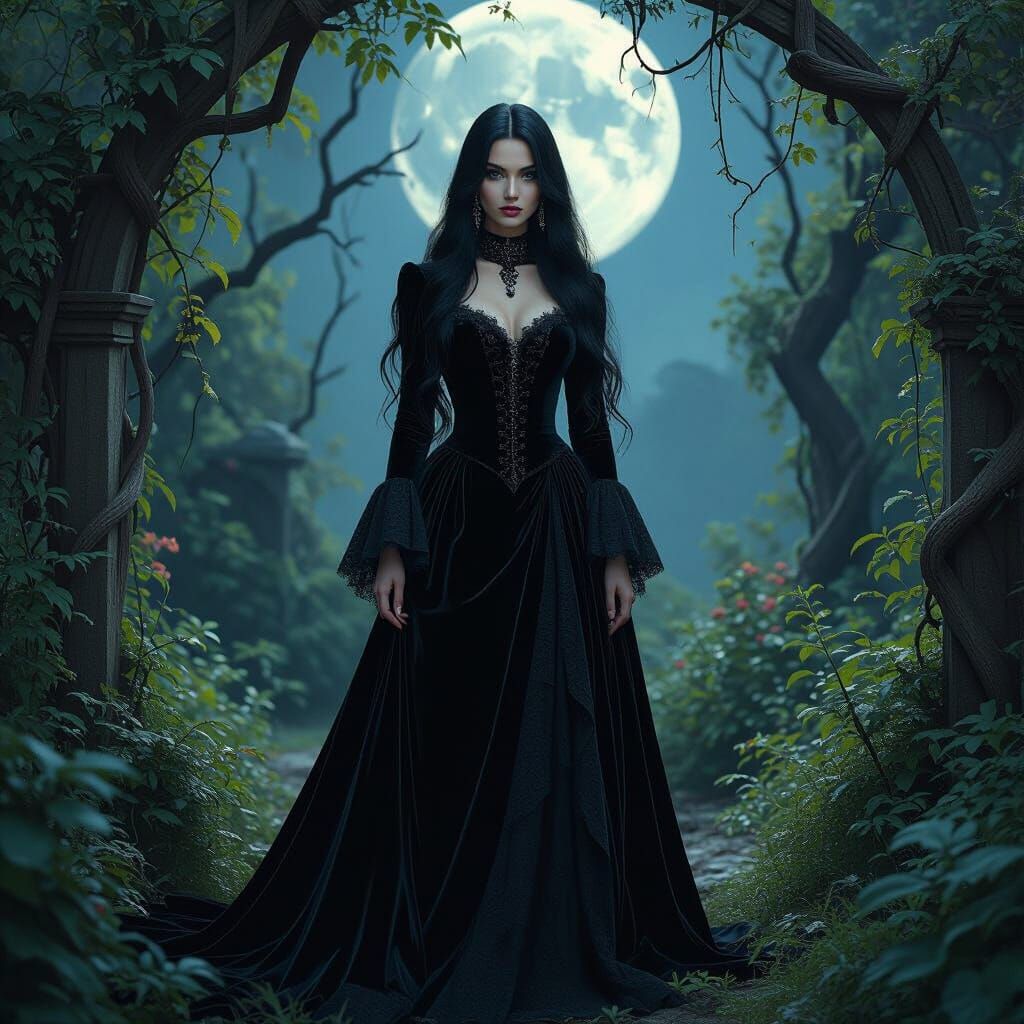 Gothic Queen in Moonlit Garden with Velvet Gown