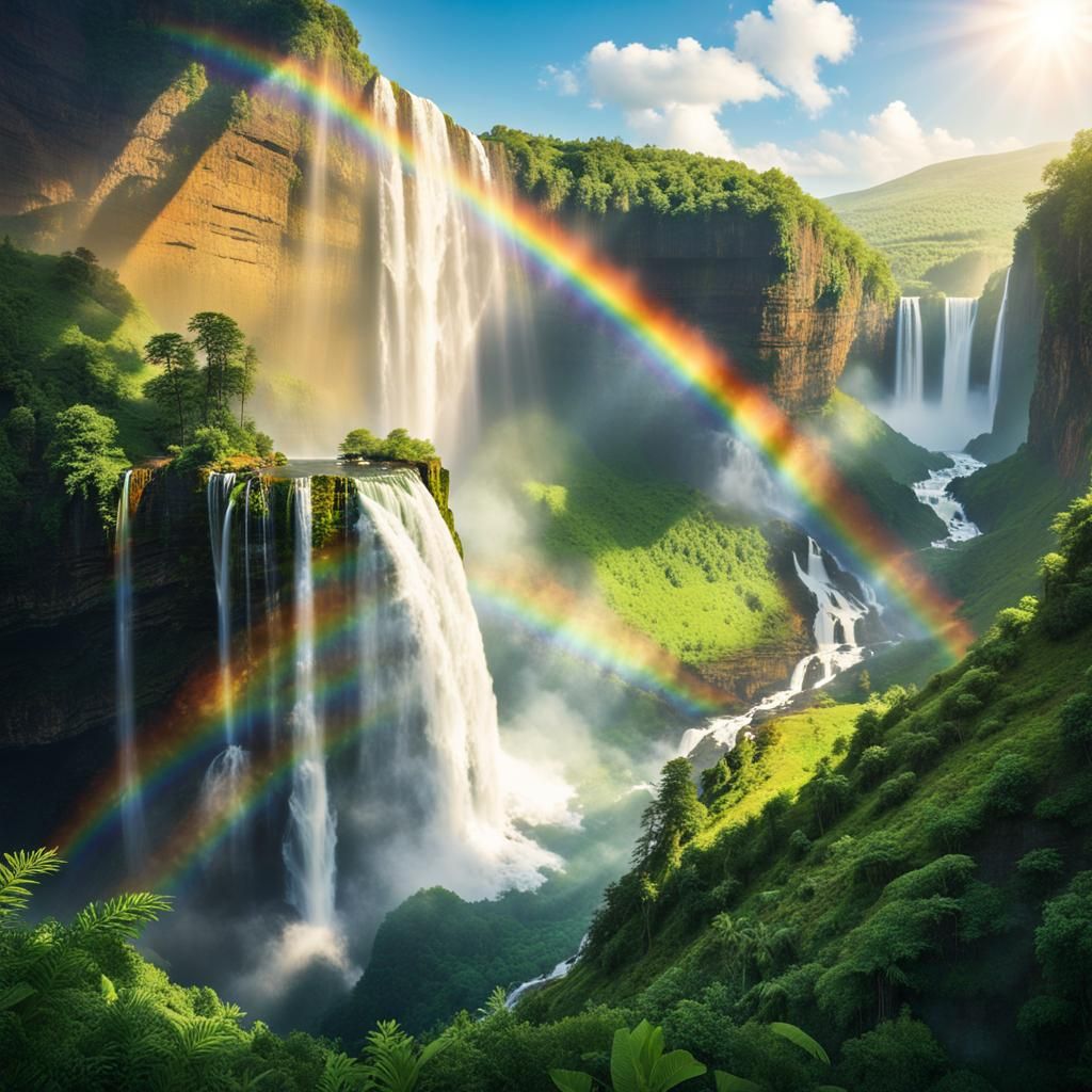 Rainbow Waterfalls in Lush Cinematic Landscape