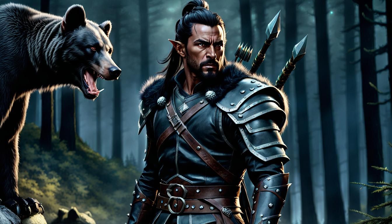 Elf Ranger and Bear in Dark Forest
