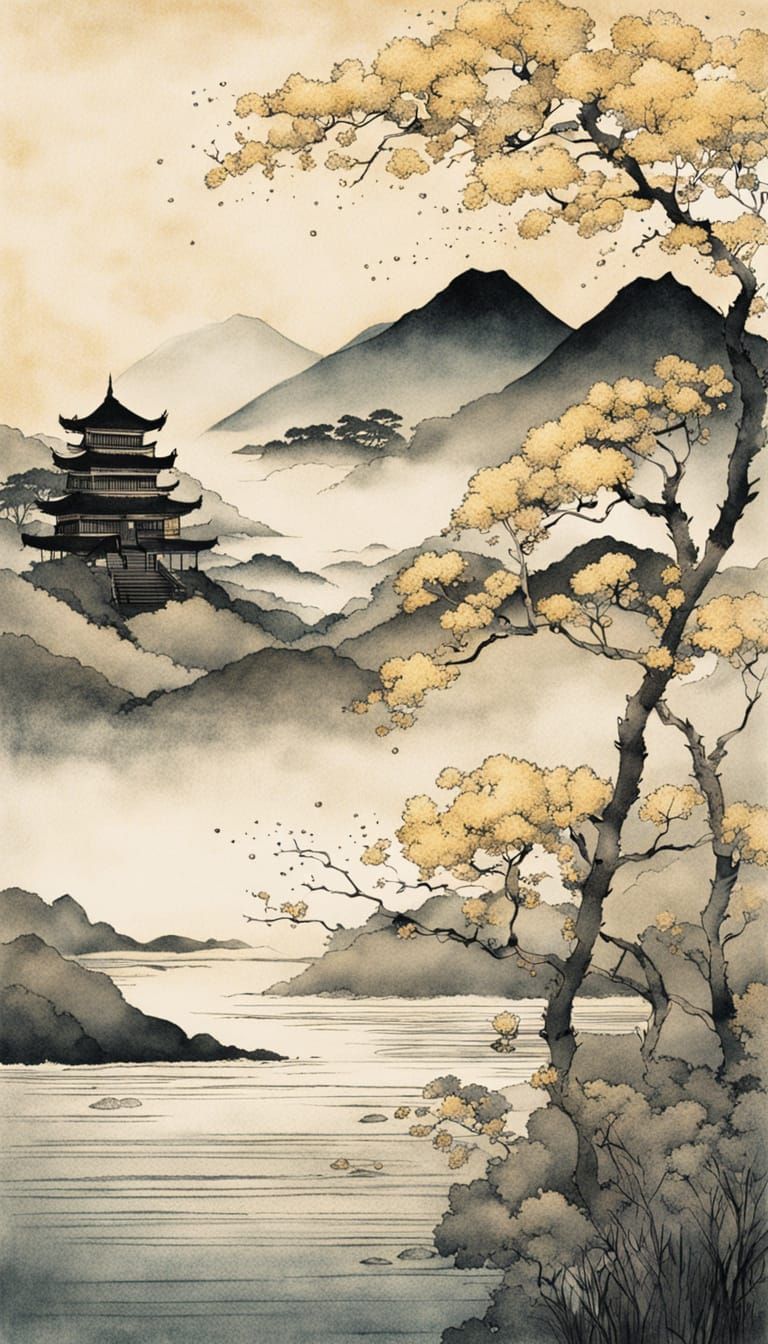 Elegant Ukiyo-E Inspired Chrysanthemum Blossom Branch