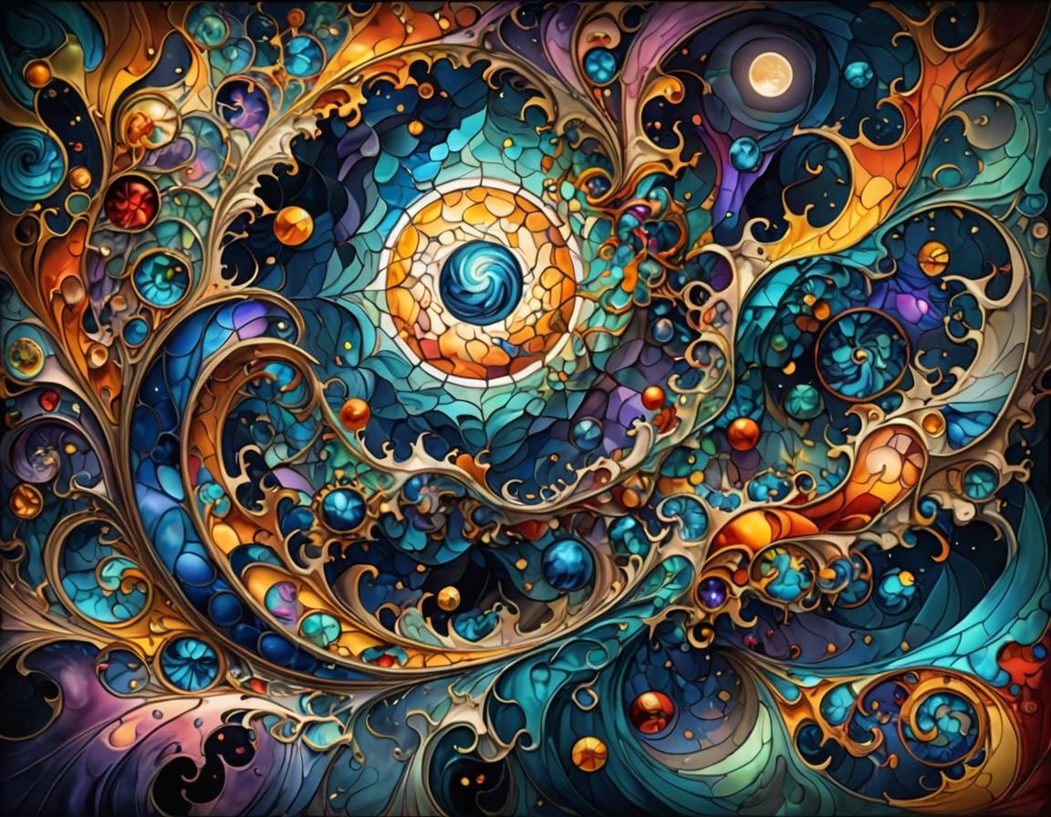 Stained-Glass Moon Nebulae in Surrealist Style