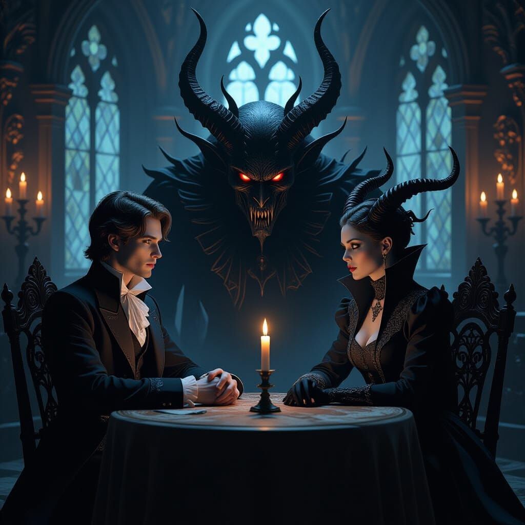 Man Confronts Monstrous Shadow in Gothic Chamber