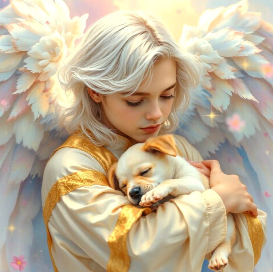 Serene Angel Embracing Sleeping Puppy in Ethereal Watercolou...