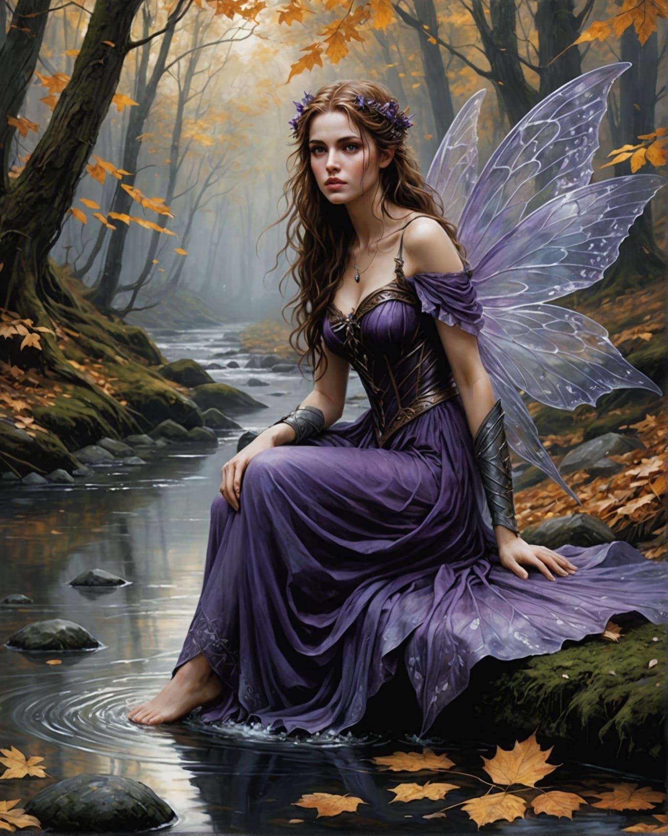 Fairy with Purple Wings by Water's Edge