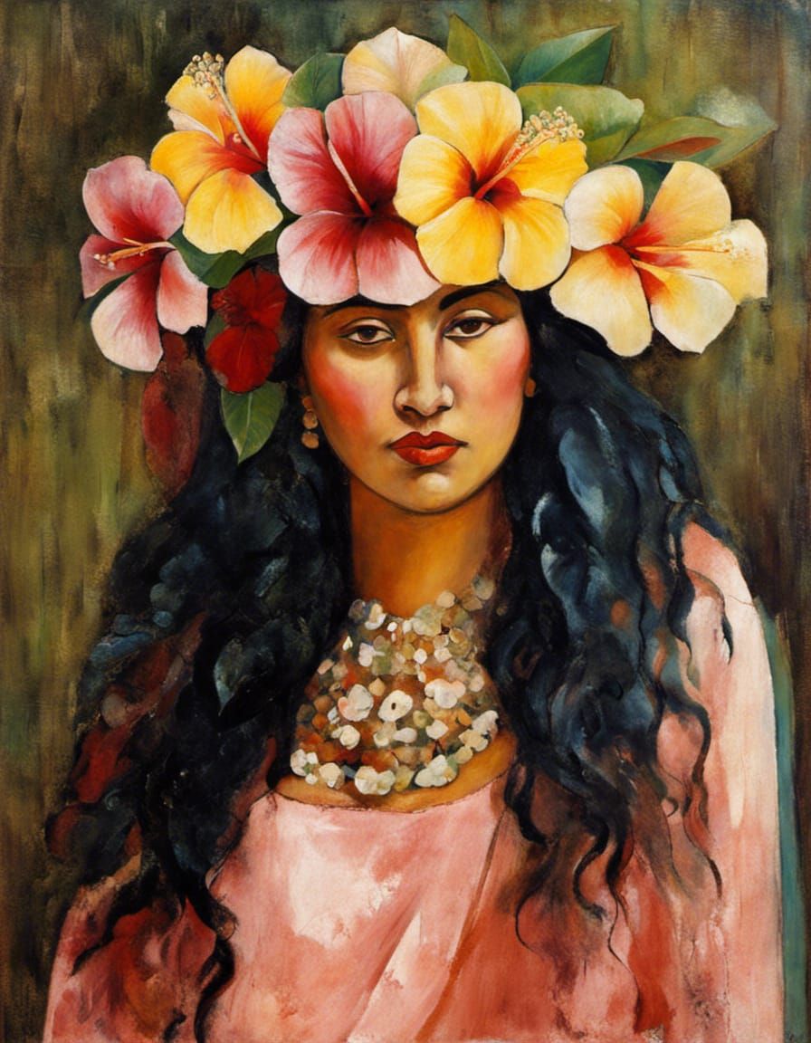 Tahitian Woman with Hibiscus, in a Modernist Style