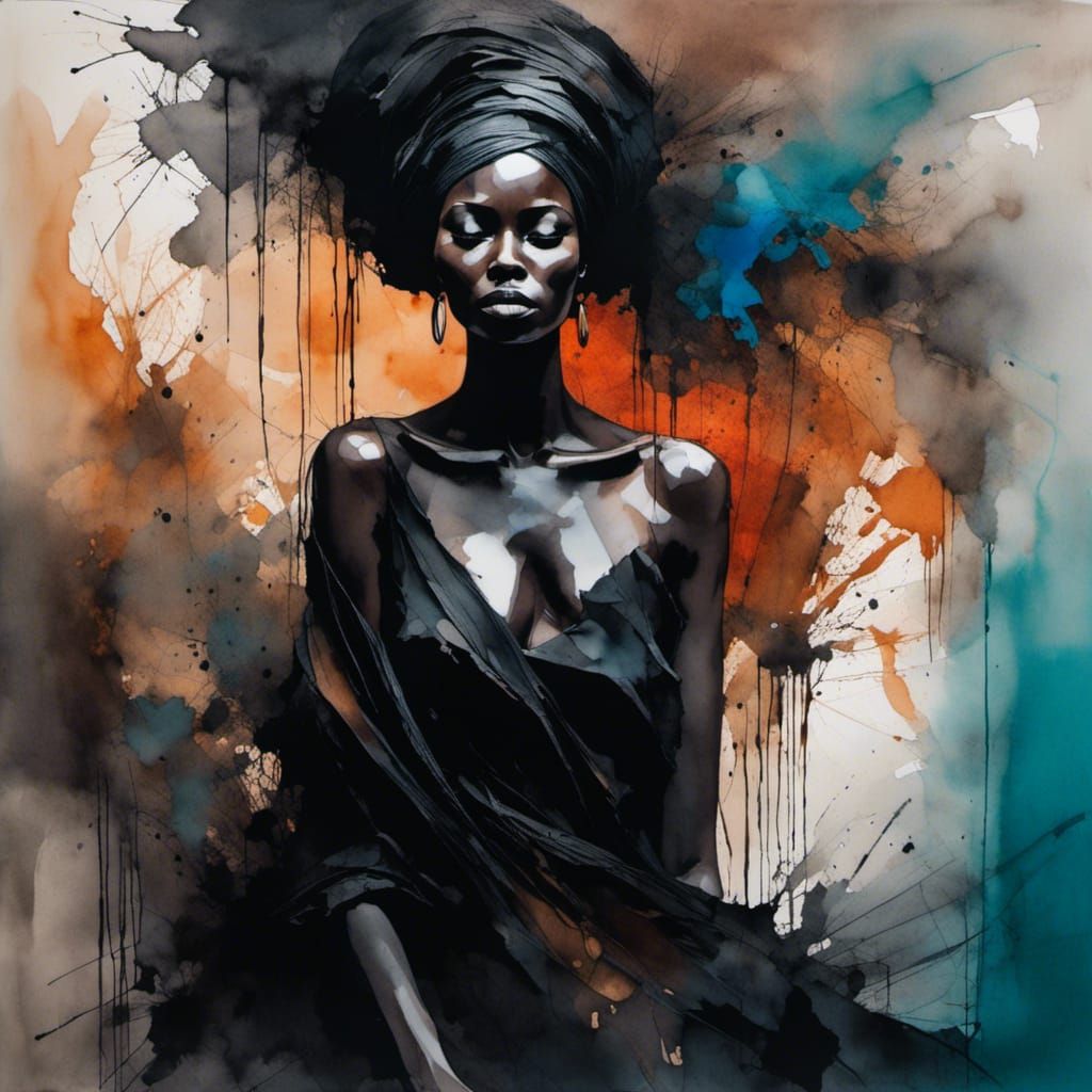 Watercolor Portrait: Beautiful Woman in Black Dress