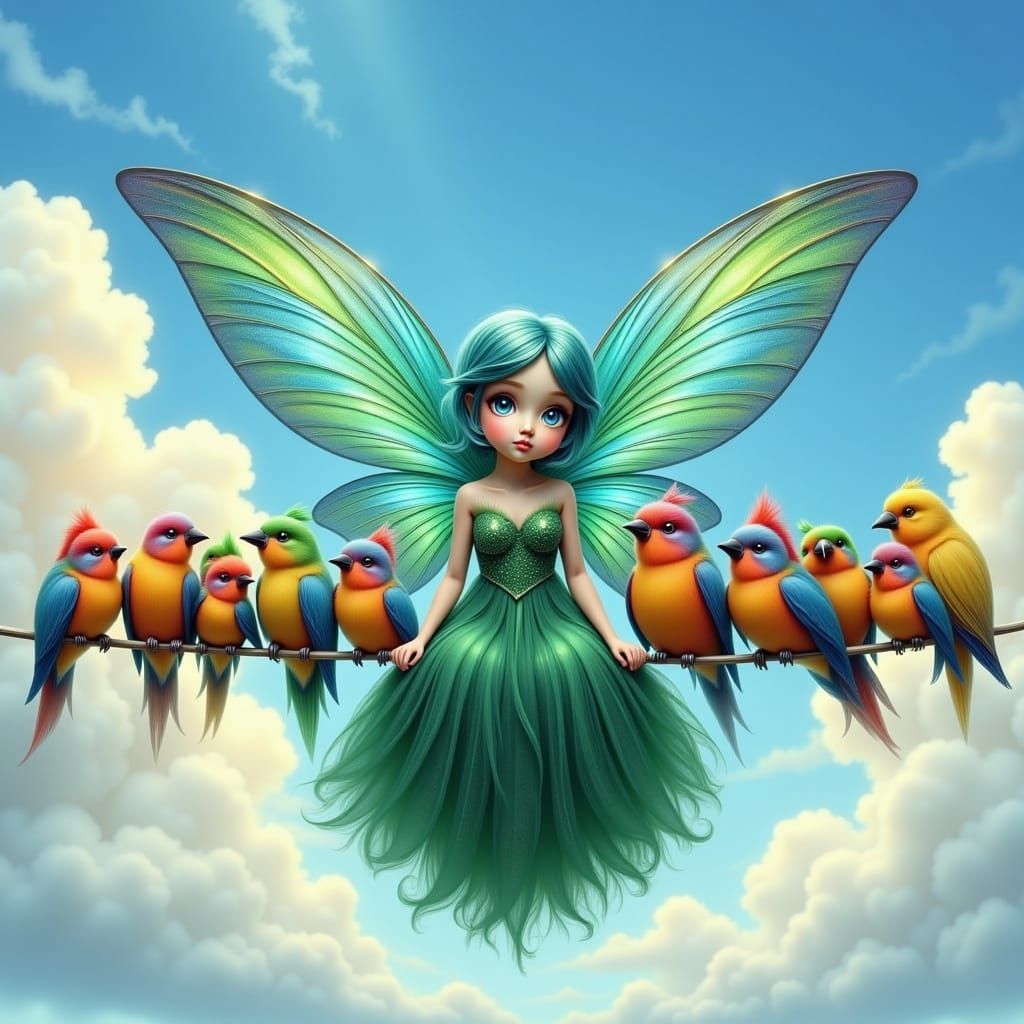 Fairy on Clothesline with Birds in Fairytale Style
