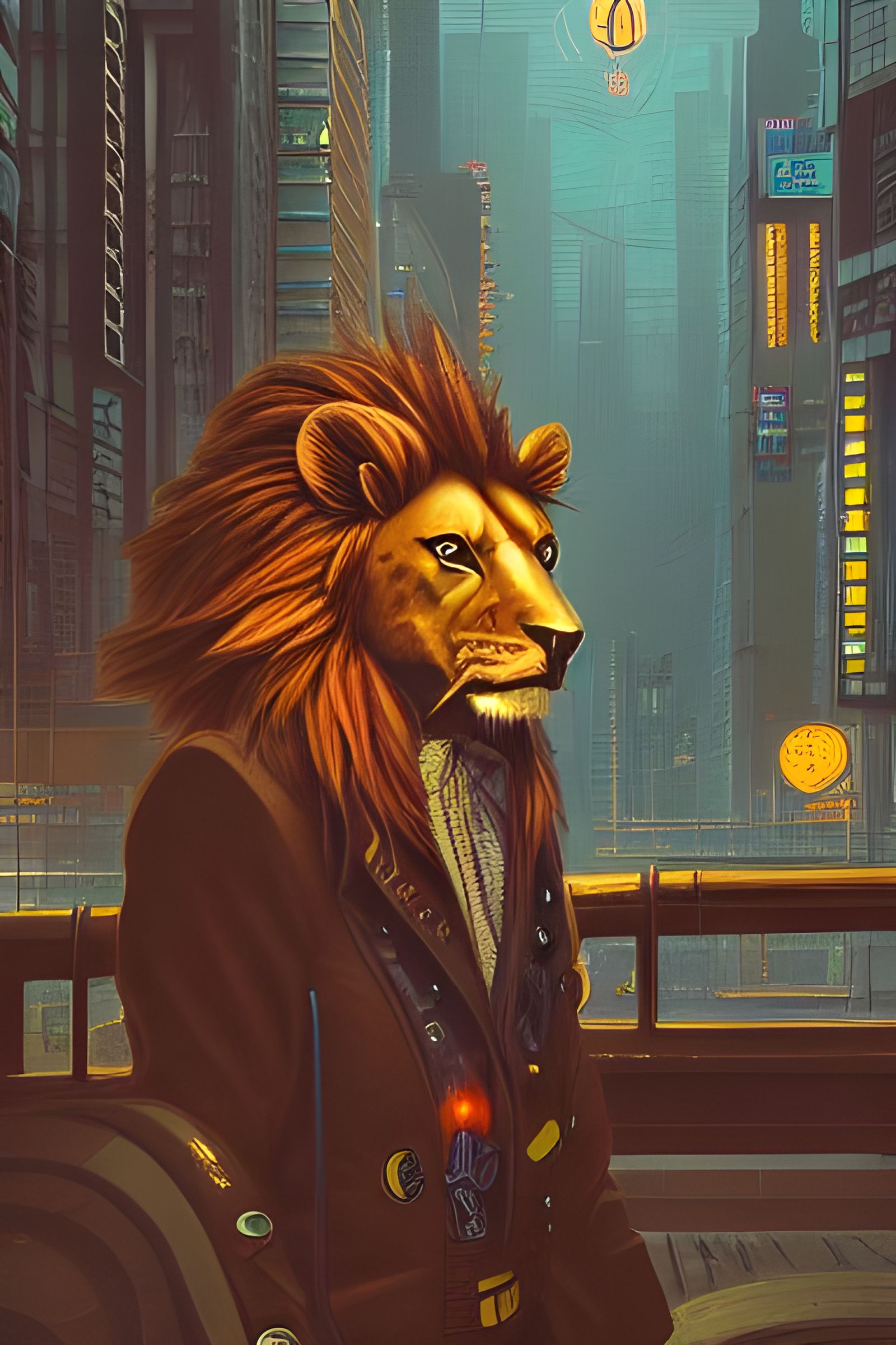 Steampunk Lion in Cyberpunk City: Digital Illustration