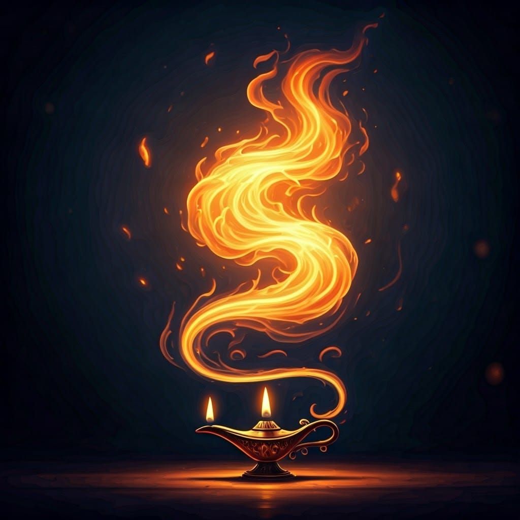 Fiery Genie Emerges from Magic Lamp