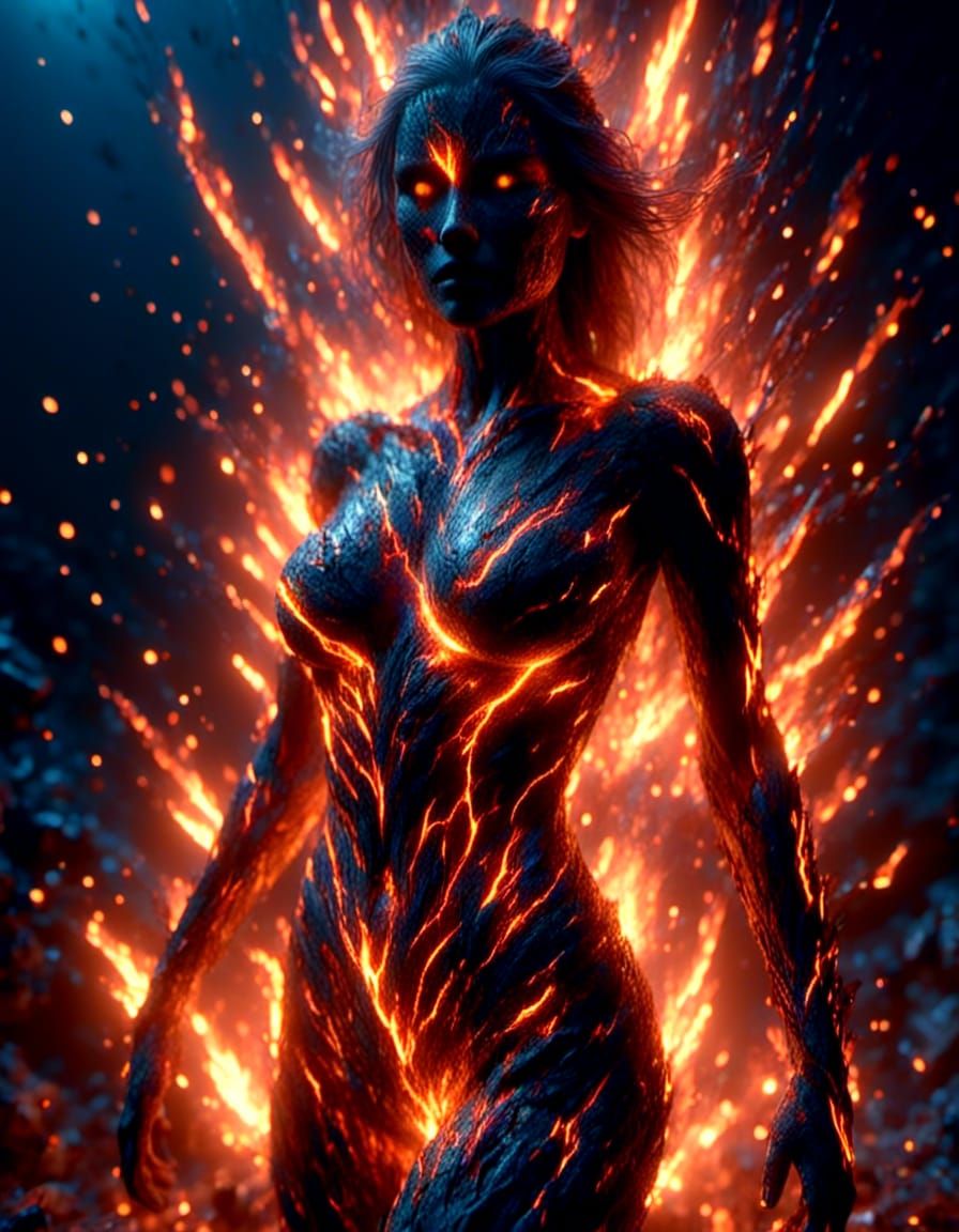 A dramatic <lora:Omnious:1.5> Dark Goddess of molten metal a...