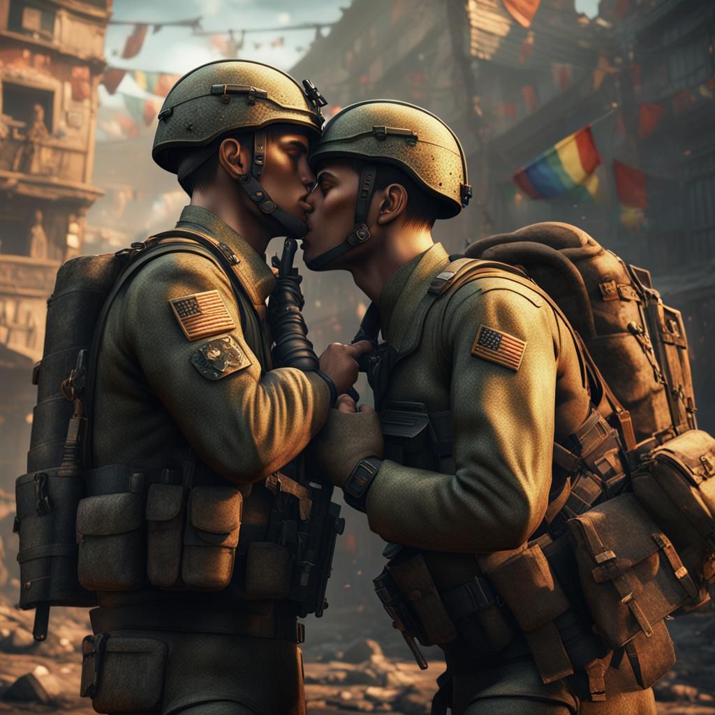 Soldiers Kissing in Afternoon: Fantasy Matte Painting