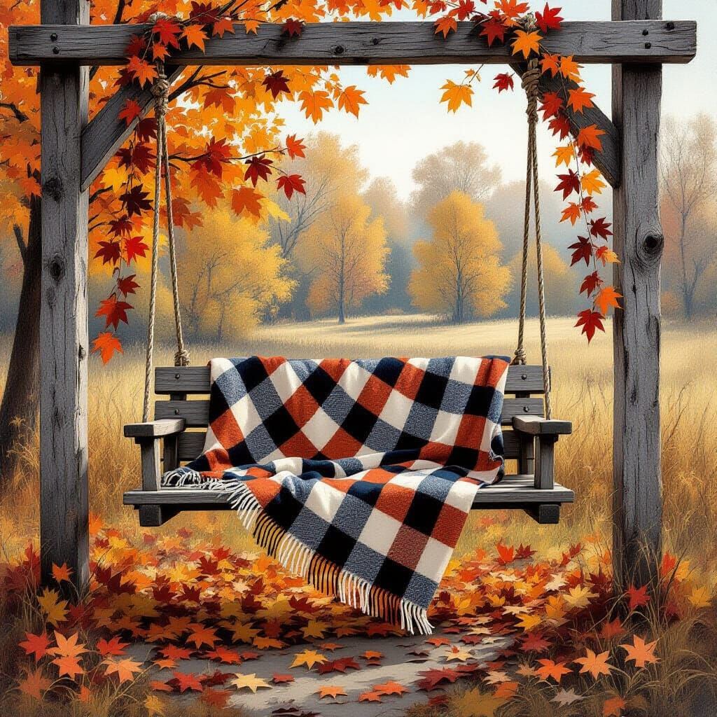 Cozy Autumn Swing with Plaid Blanket