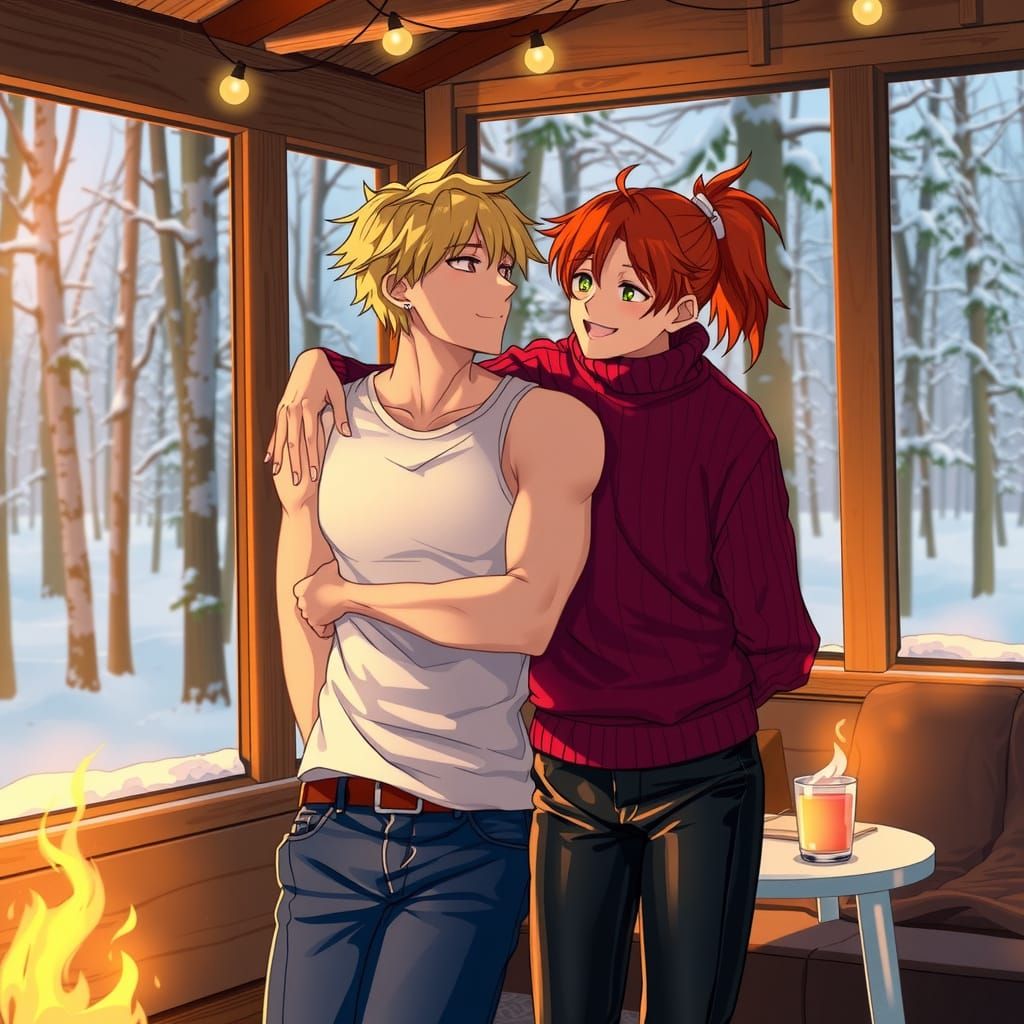 Romantic Winter Cabin Scene in Anime Style