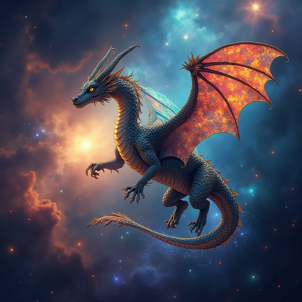 Stained Glass Dragon Soaring Through Nebula