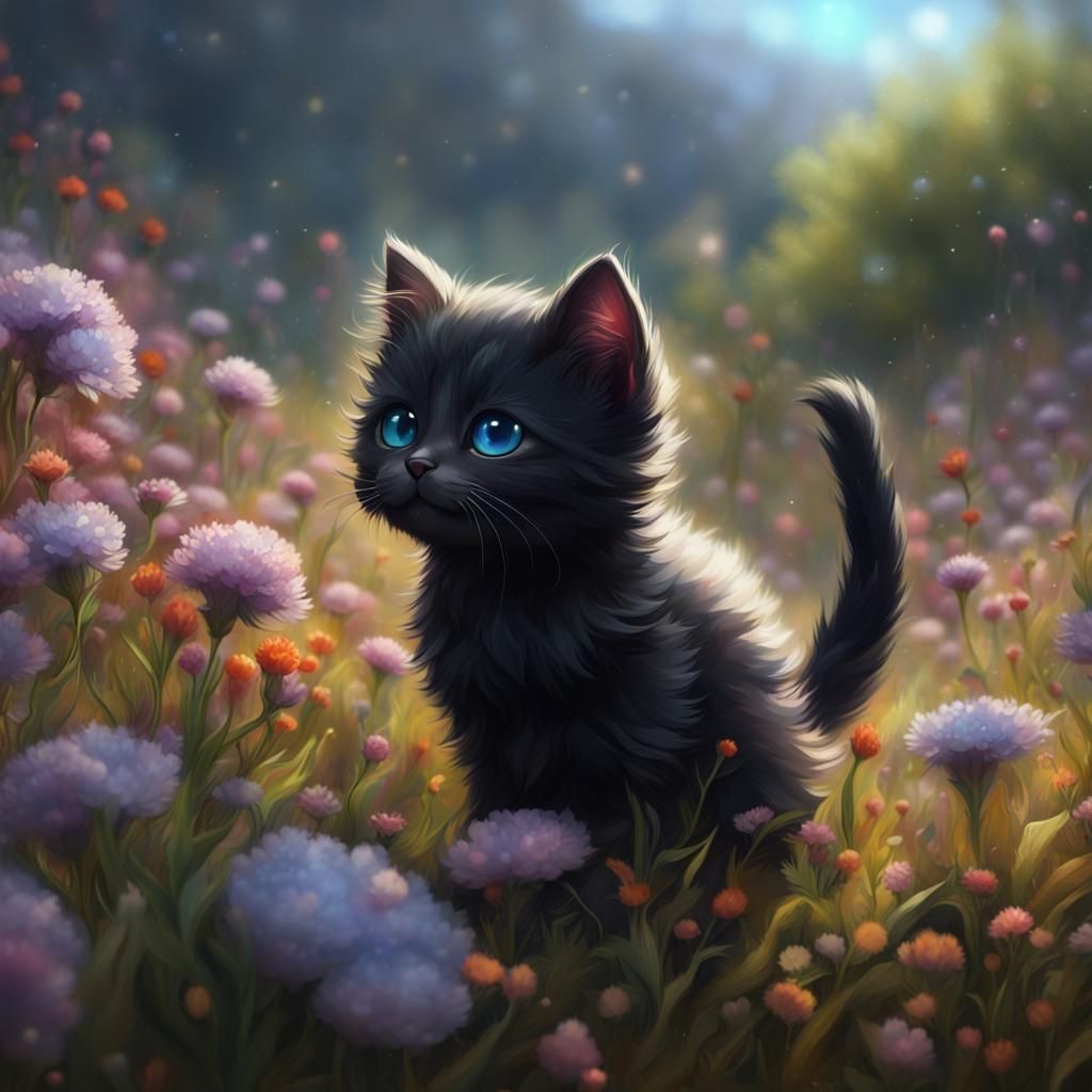 Cute Black Kitten in a Flower Meadow Painting