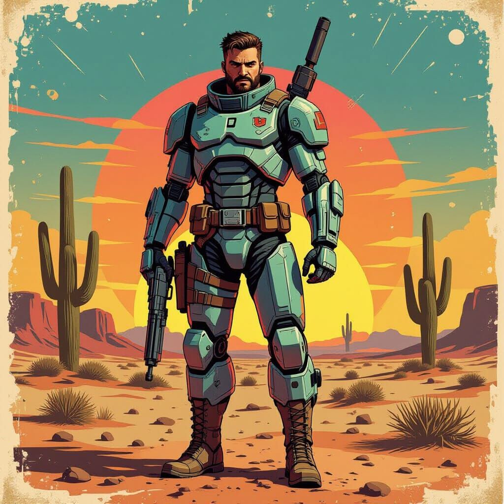 Cosmic Soldier in Desert Sunset Comic Art