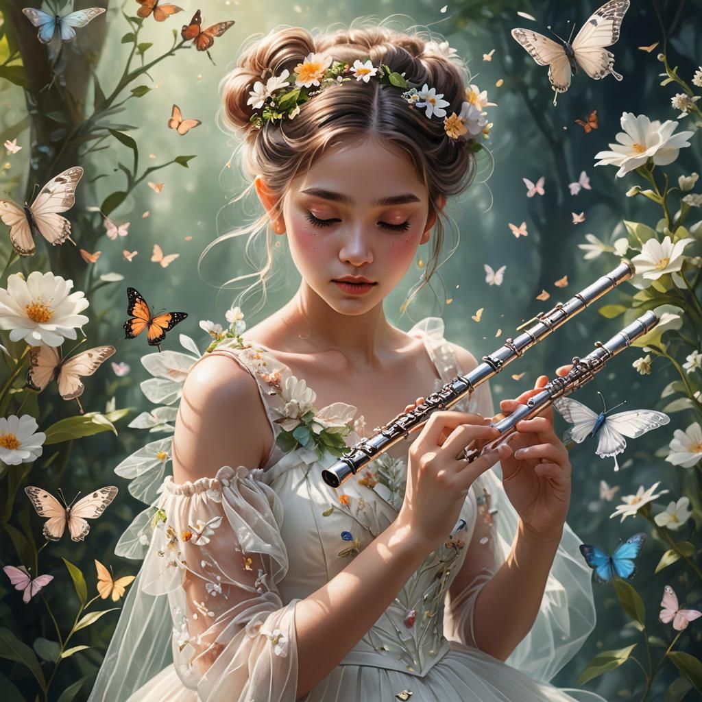 Young Girl Playing Flute in Hyper-Realistic Fantasy Art
