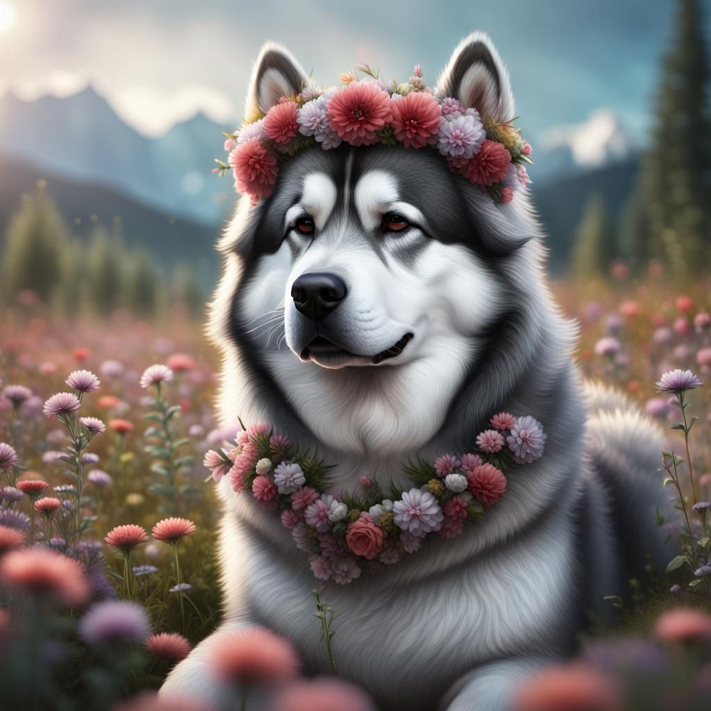 Alaskan Malamute with Flower Crown: Detailed Matte Painting
