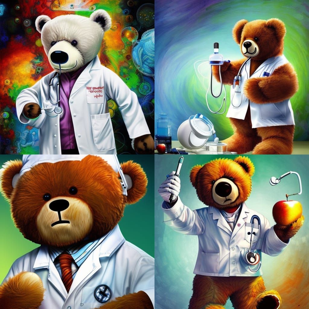 Teddy Bear Doctor Operating on Apple, Hyperdetailed Art