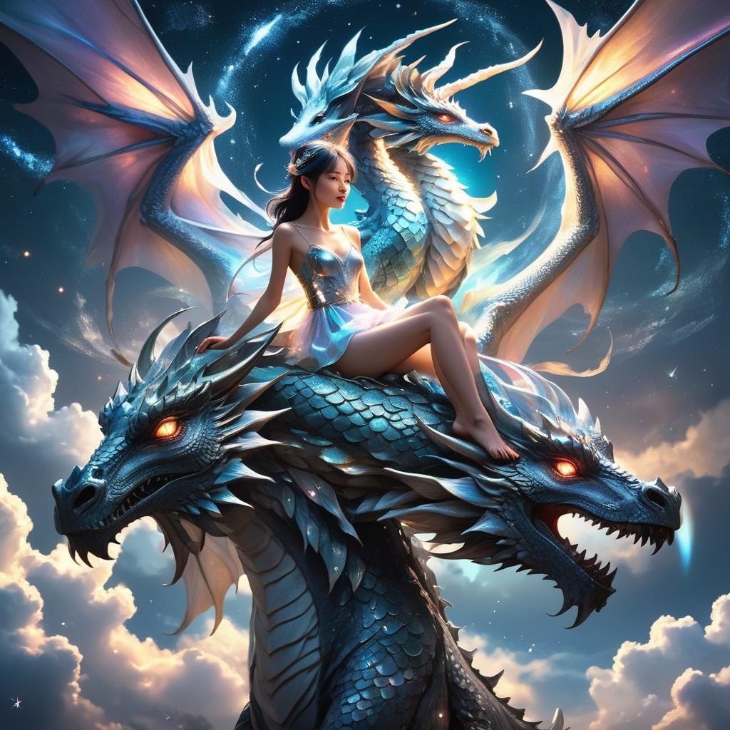 Fairy on Dragon in Starry Sky, Magic Realism Style