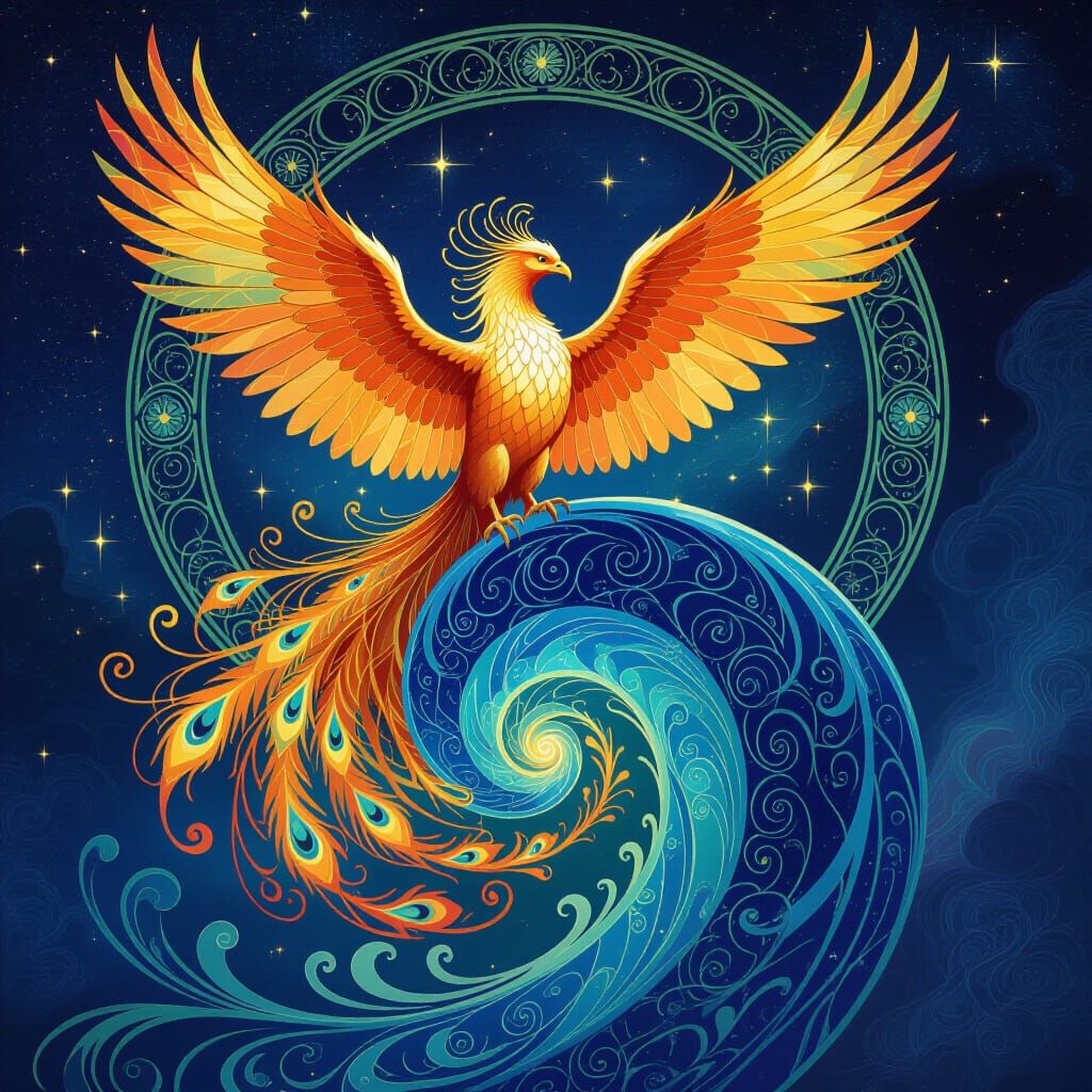 Majestic Phoenix on Cosmic Vortex in Art Nouveau Style