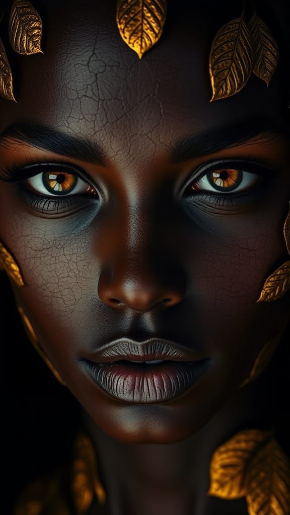 Enigmatic Goddess with Amber Eyes and Golden Leaf Patterns