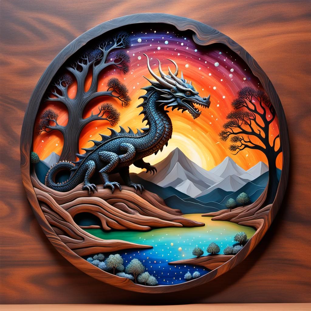 mixed media on burnt sandalwood featuring ancient mythology with liquid chrome and Nabulae oil, a kerfluffle tribal drag...