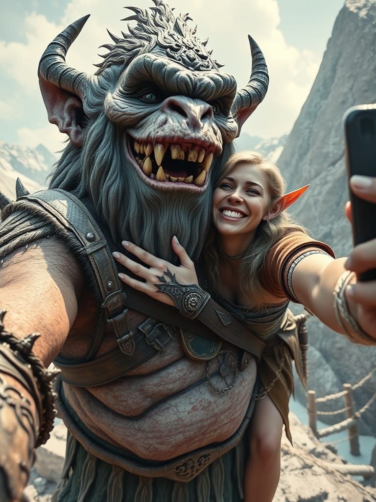 Elf and Troll Selfie: Detailed Fantasy Art