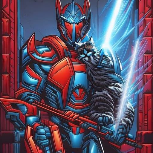 Optimus Prime Cuddling Kitten in Comic Book Style