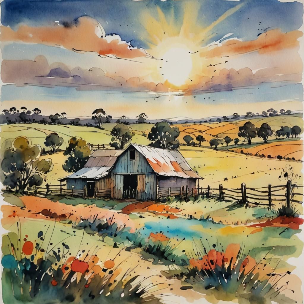 Whimsical Watercolor Barn in Quentin Blake Style