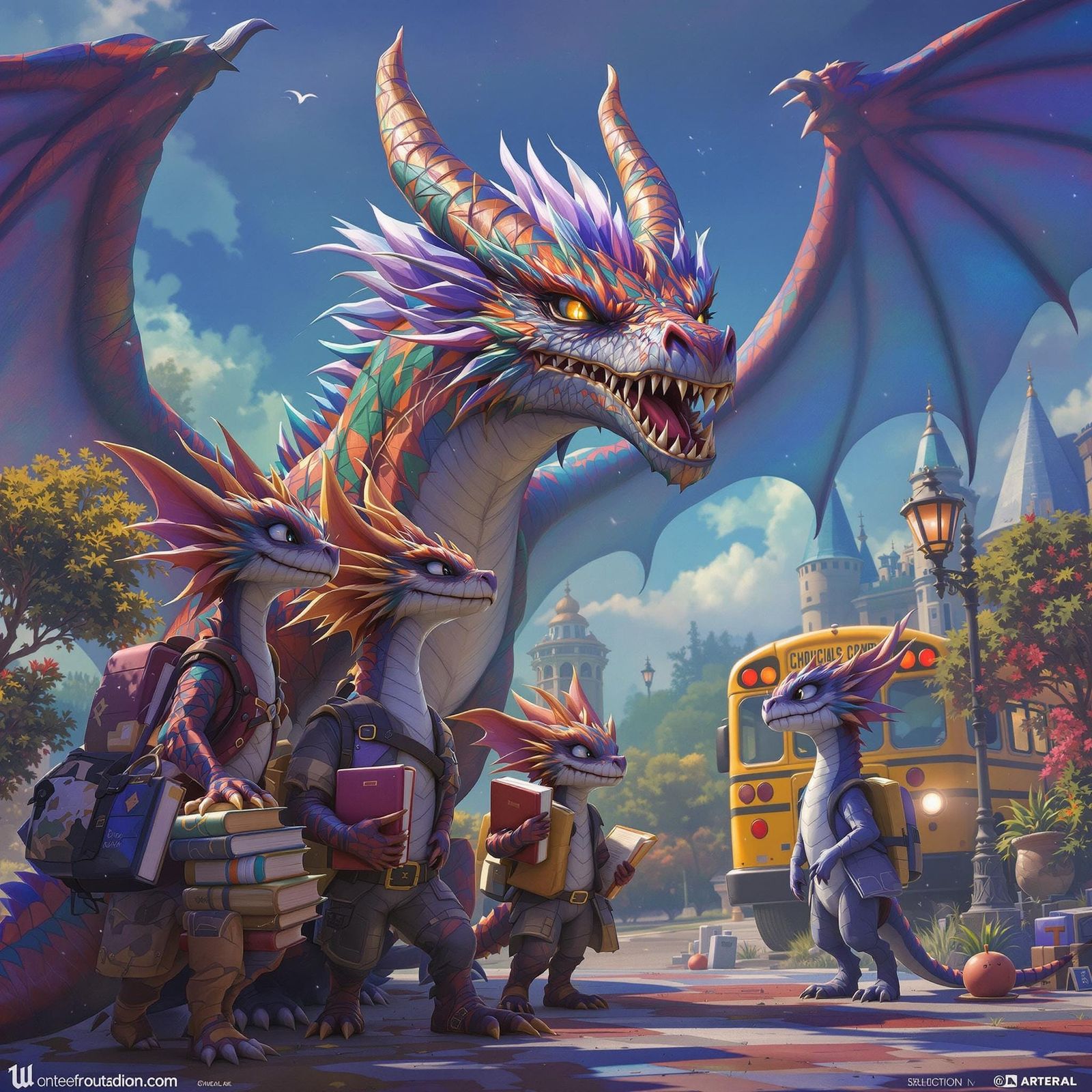 Mama Dragon Watches Over Her School-Bound Baby Dragons