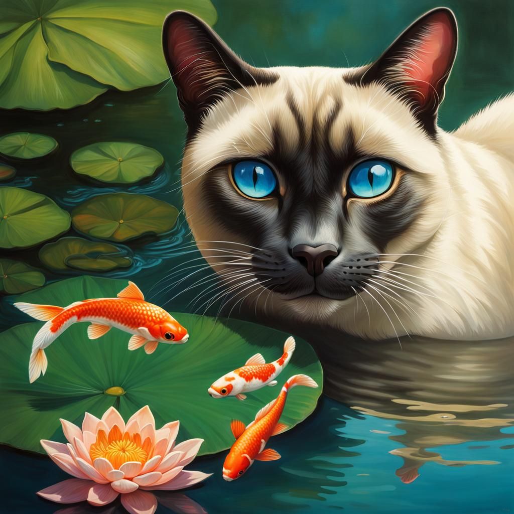 Siamese Cat and Koi Carp Pond in Splash Art