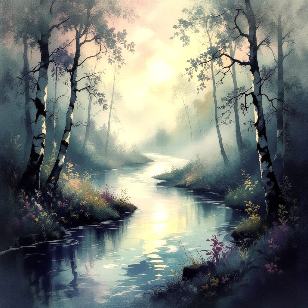 Abstract Forest Mist with Flowing Colors