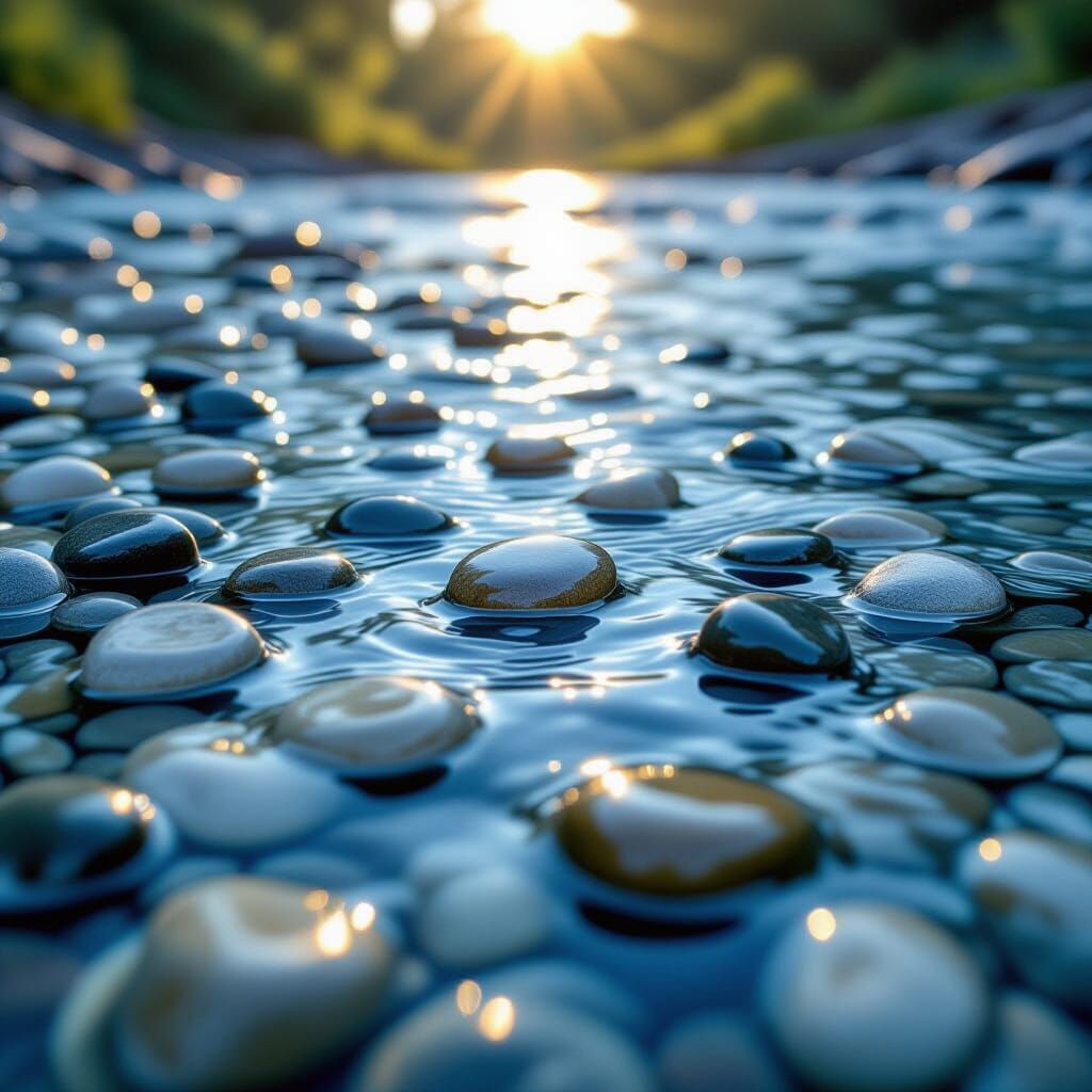 Smooth River Pebbles in Clear Water Currents