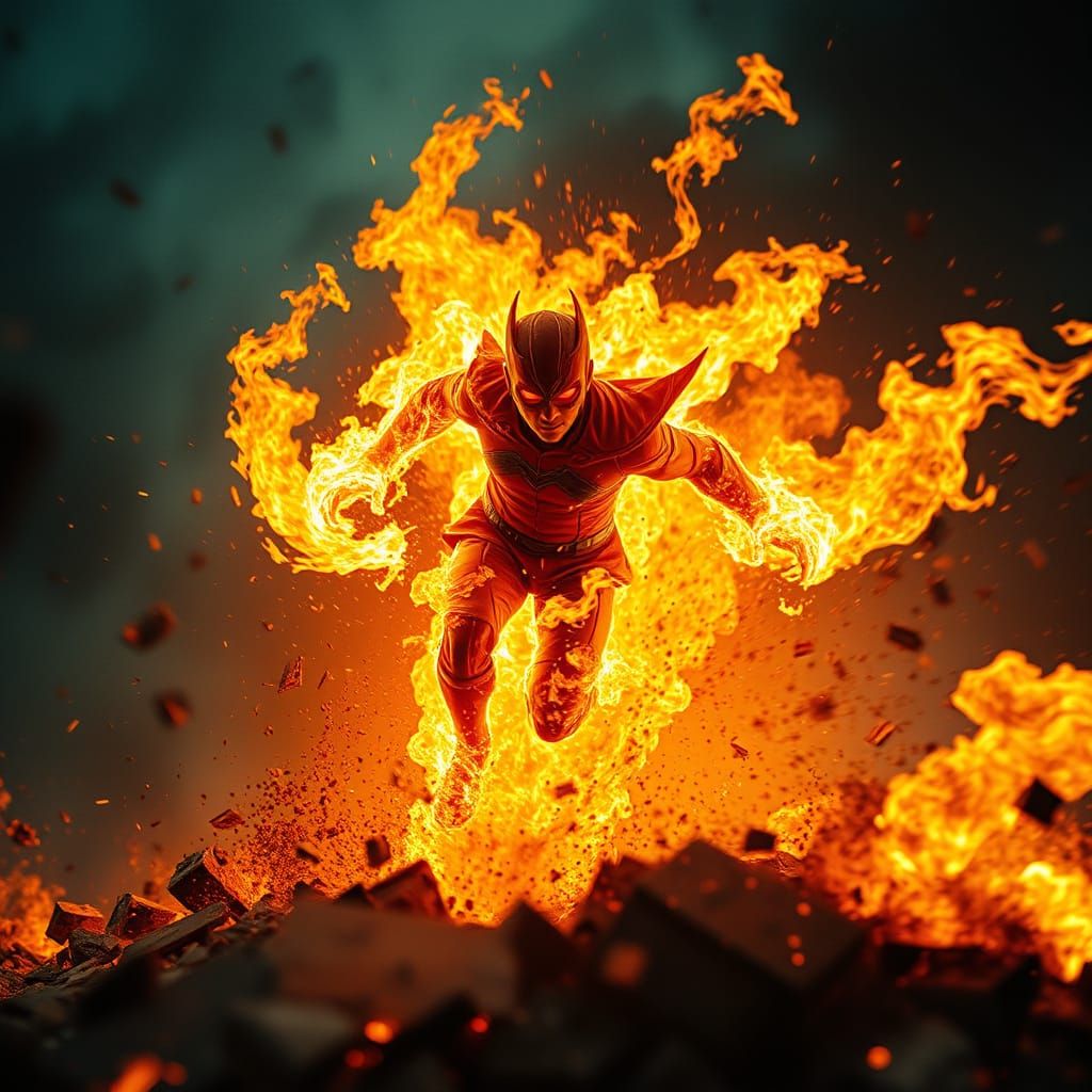 Fiery Hero in Windstorm: Cinematic Action Scene