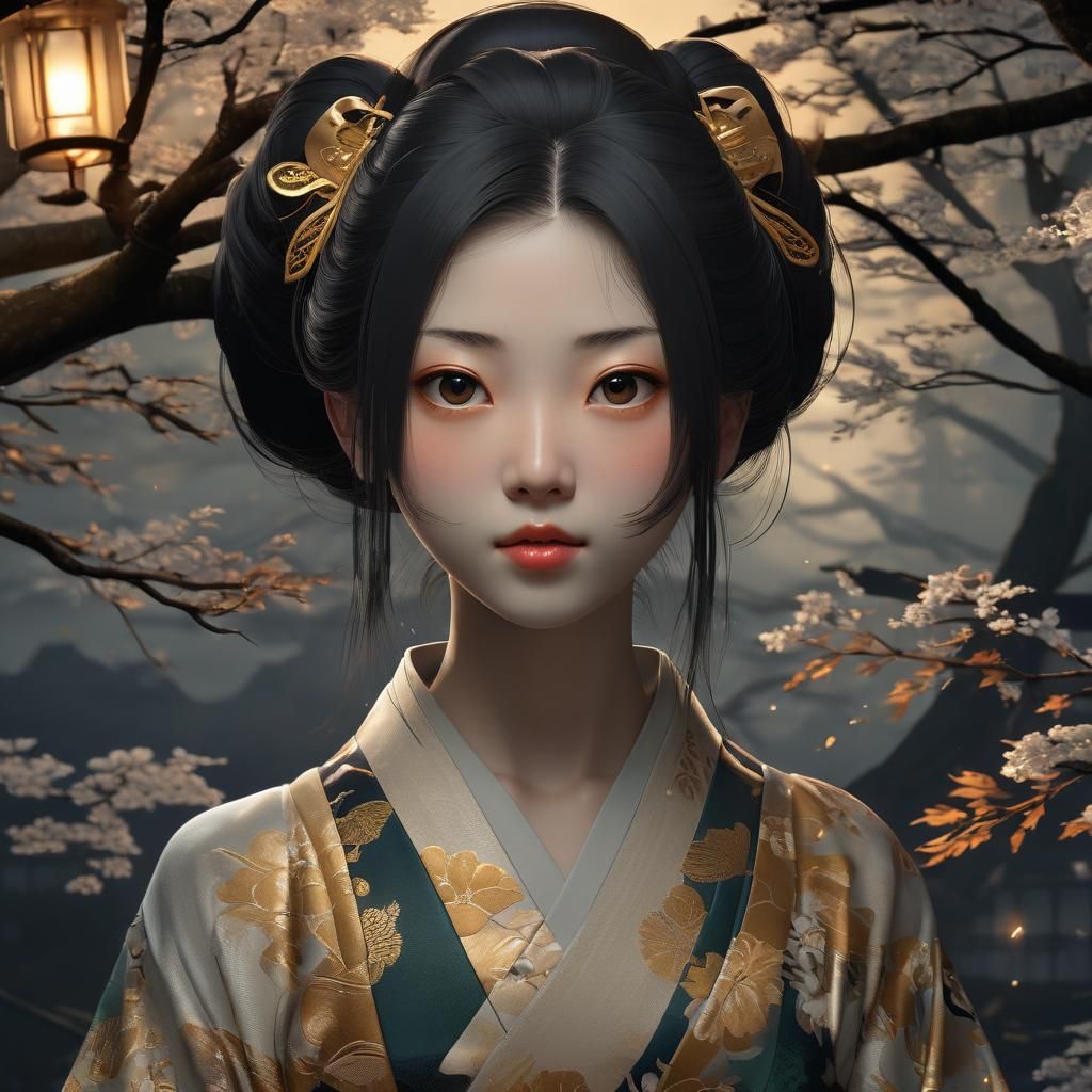Ethereal Futakuchi-onna Portrait in Ukiyo-e Anime Style