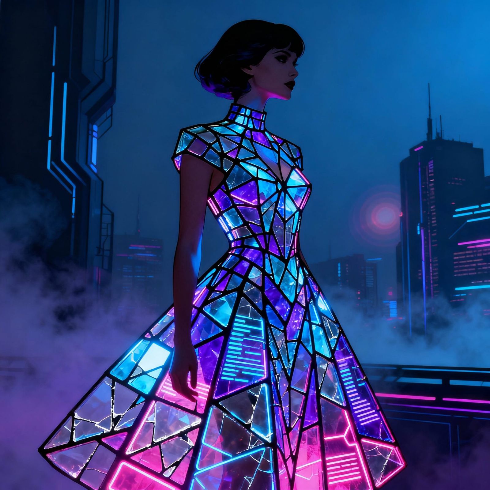 Cyberpunk Stained Glass Dress in Neon City