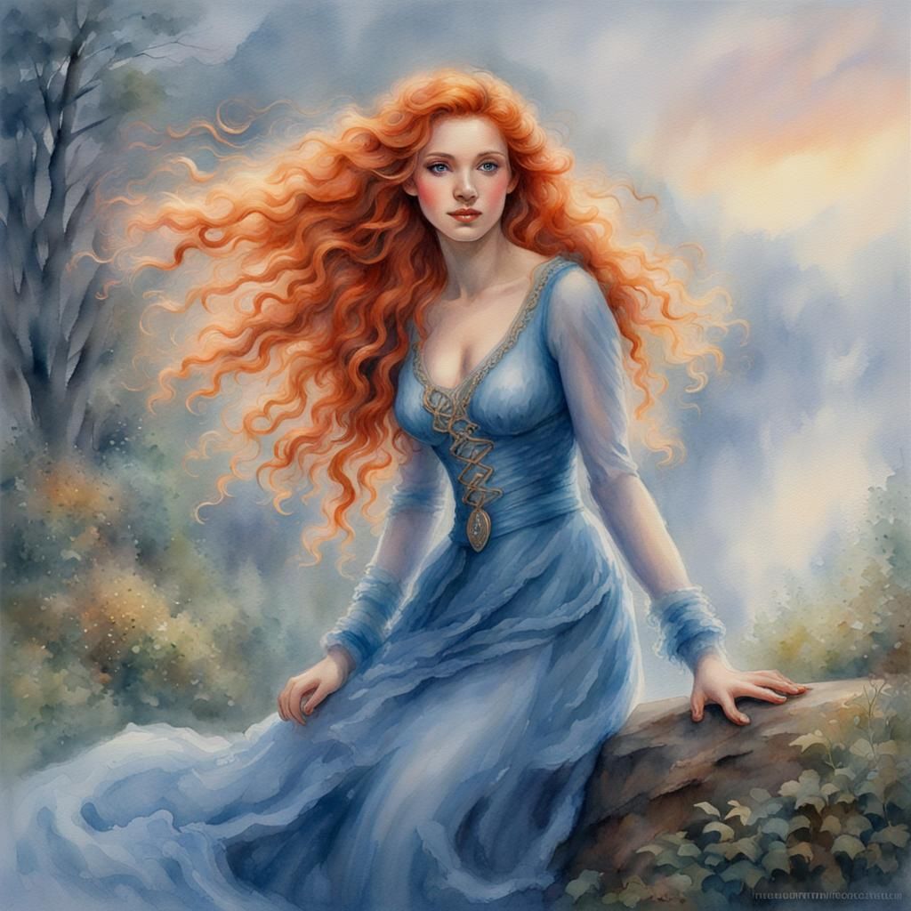 Beautiful Woman with Red Hair in Watercolour Style